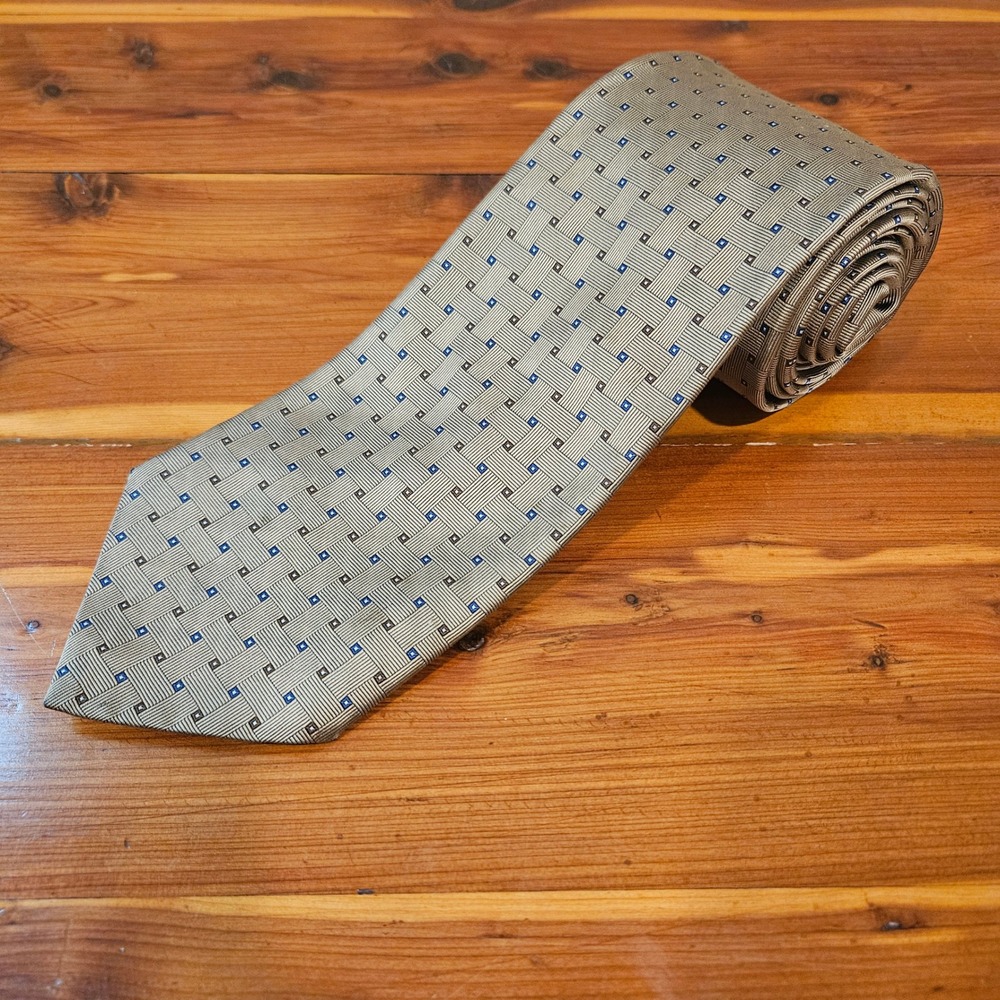 Brooks Brothers Silk Neck Tie Tan Blue Basketweave Geometric Made in USA 59"